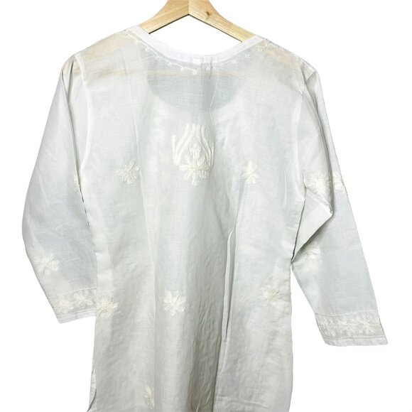 Womens Kurta Floral Long Sleeve Embroidered Blouse V Neck u Longline Shirt Tunic - Picture 6 of 7